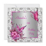 21st Birthday Pink Floral Butterfly Silver White invitations