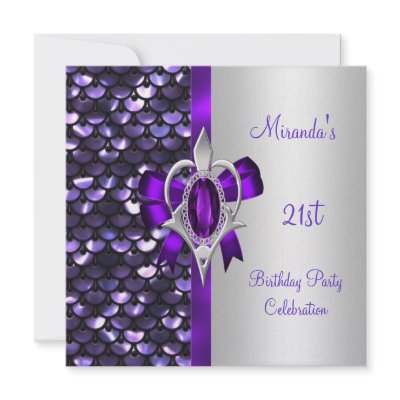 21st Birthday Silver Sequins Purple Diamond Bow by InvitationCenter