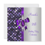 21st Birthday Silver Sequins Purple Diamond Bow invitations