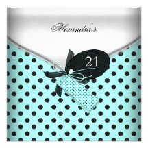 21st Birthday Teal Black White Polka Dot Bow Image Personalized Announcements