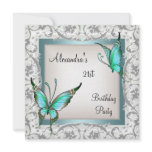21st Birthday Teal Floral Butterfly Silver White Personalized Invitations