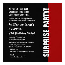 21st SURPRISE Birthday Modern Black Red White W925 Custom Invites
