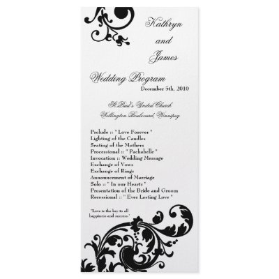 25 4x9 Wedding Program Black White Floral Filigree by AnnLeeDesigns