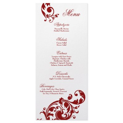 25 Menu Cards Crimson Red Floral Filigree Flower by AnnLeeDesigns