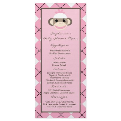 25 Menu Cards Pink Argyle Sock Monkey by AnnLeeDesigns