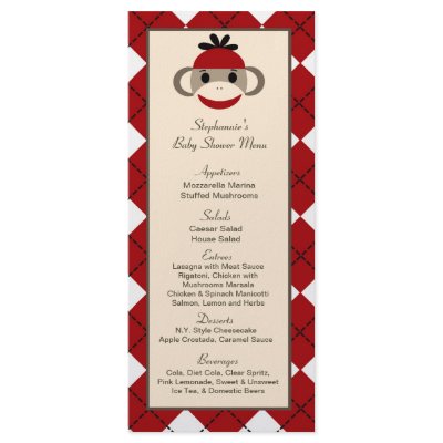 25 Menu Cards Red Sock Monkey argyle by AnnLeeDesigns