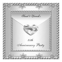 25th Anniversary Party Silver White Heart Jewel 4 Custom Invite