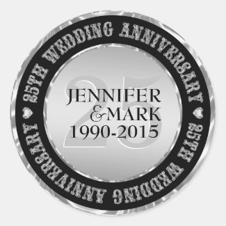 25Th Wedding Anniversary Metallic Silver & Black 2 Round Sticker