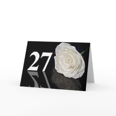 27th Birthday Card with a classic white rose by Eggznbeenz