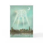 29th Birthday card with a city and spotlights