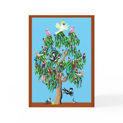 2 crimson rosellas, and a cockatoo up a gumtree greeting card by Annaart
