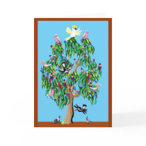 2 crimson rosellas, and a cockatoo up a gumtree greeting card