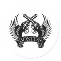 2 guns up Boston Round Sticker