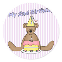 2nd Birthday Cake and Bear Round Stickers