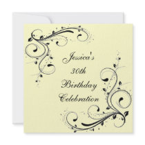 30th Birthday Cream & Black Floral Swirls Personalized Announcement