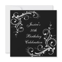 30th Birthday Floral Swirls Black & White Custom Invitations
