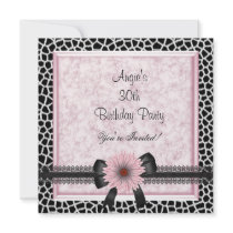 30th Birthday Party Black Giraffe Pink Floral Bow Invitation