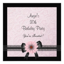 30th Birthday Party Black Pink Floral Bow Announcement