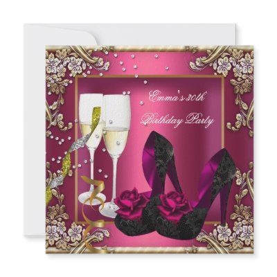 30th Birthday Party Dark Pink Gold Black Floral Invites by Zizzago
