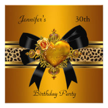 30th Birthday Party Gold Heart Jewel Leopard Personalised Invitations