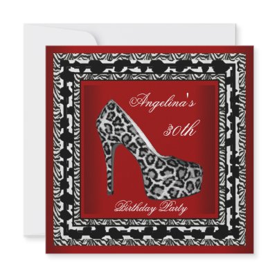 30th Birthday Party Leopard Wild Black White Red Announcement by Zizzago