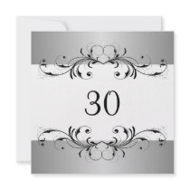 30th Birthday Party White Silver Black Floral Personalized Invitation