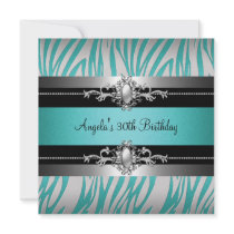 30th Birthday Party Zebra Teal Blue Silver Black