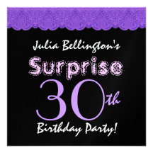 30th Surprise Birthday Purple Lace Damask W1913 Custom Announcements