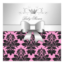 311-Blackberry Sweet Pink Damask Bow | Baby Shower Custom Announcements