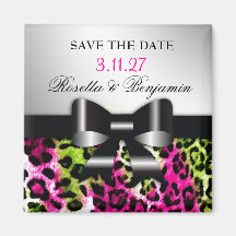 311 Chic Hot Pink Lime Leopard Bow Save the Date Fridge Magnets