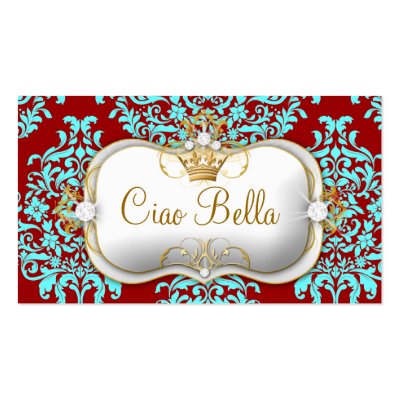 311 Ciao Bella & Lovey Dovey Damask Red Turquiose Business Cards by Jill311