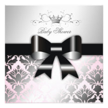 311-Damask Shimmer Black Bow Pink Baby Shower Personalised Invites