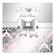 311-Damask Shimmer Bow Precious Pink Baby Shower Personalised Invitations