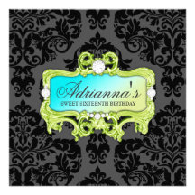 311 Glam Lime Aqua Damask Diamonds Personalized Announcement