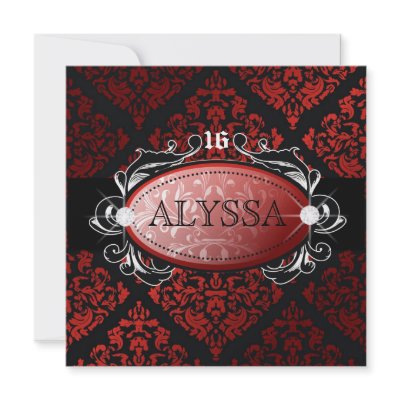 311-Luxuriously Red Liquorice Damask Sweet 16 Custom Invites by Jill311