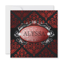 311-Luxuriously Red Liquorice Damask Sweet 16 Custom Invites