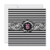 311-Striped Lace Square Black White Pink Invitations