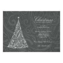 311-Swirly Christmas Tree | Grey Metallic Personalized Invites