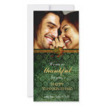 311-Thankful Green Damask Thanksgiving Photo Greeting Card