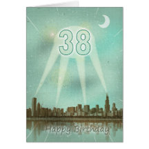 38th Birthday card with a city and spotlights