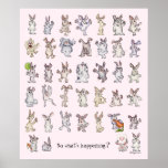 39 Cute Cartoon Rabbits Decor Nursery Poster Pink posters