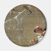3. 雪中鴛鴦図, 若冲 Mandarin Duck in The Snow, Jakuchū Refrigerator Magnet