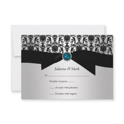 3.5x5 Black Silver Damask Turquoise Jewel RSVP by dmboyce