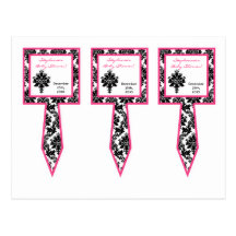 3 Cup Cake Picks Hot Pink Black Damask Post Cards