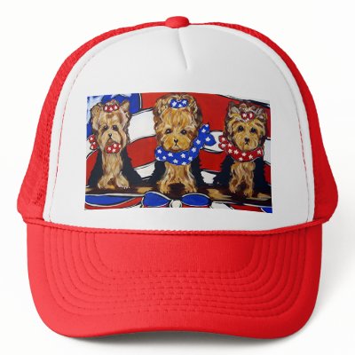 3 Cute Yorkies Cap Trucker Hats by Art_by_Joanne