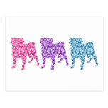 3 Damask Pugs Postcard