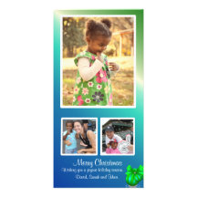3 Photo Blue & Green Ornament Christmas Card Photo Cards