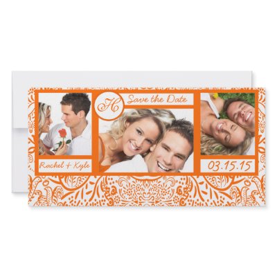 3 Photos Love Birds Orange Damask Save the Date Customized Photo Card by samack