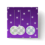 3 White Christmas Baubles on Purple Background. Pinback Buttons