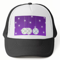 3 White Christmas Baubles on Purple Background. Hat